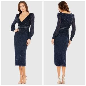 Mac Duggal Navy Sequined V Neck Bishop Sleeve Dress 16 XL